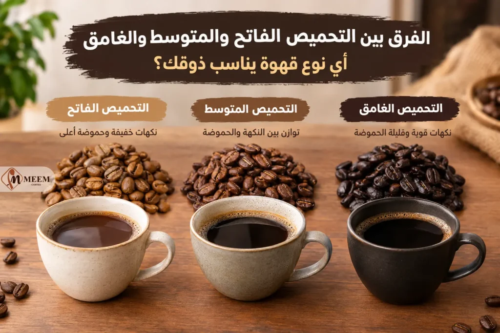 الفرق بين التحميص الفاتح والمتوسط والغامق للقهوة من حيث لون حبوب البن والنكهة.