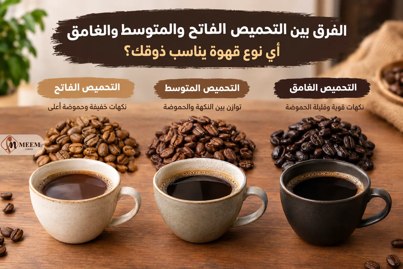 الفرق بين التحميص الفاتح والمتوسط والغامق للقهوة من حيث لون حبوب البن والنكهة.